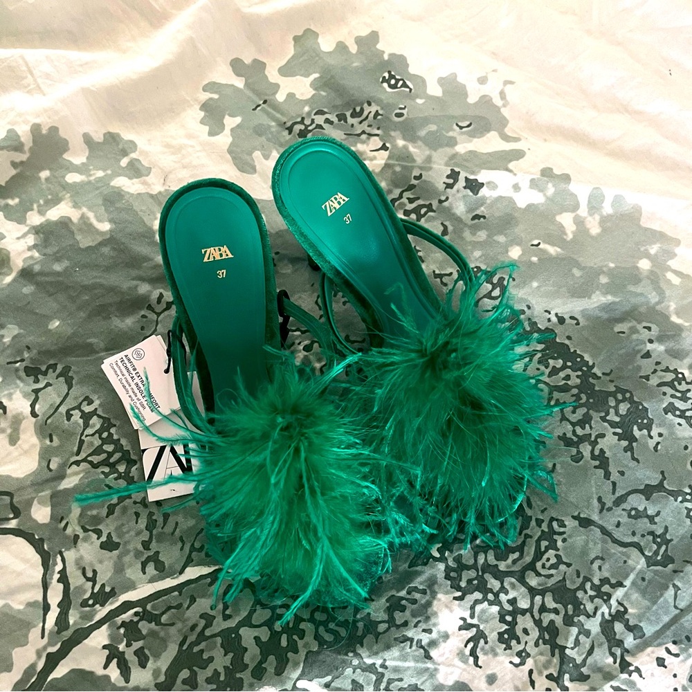 Zara Green Velvet and Feather Heels